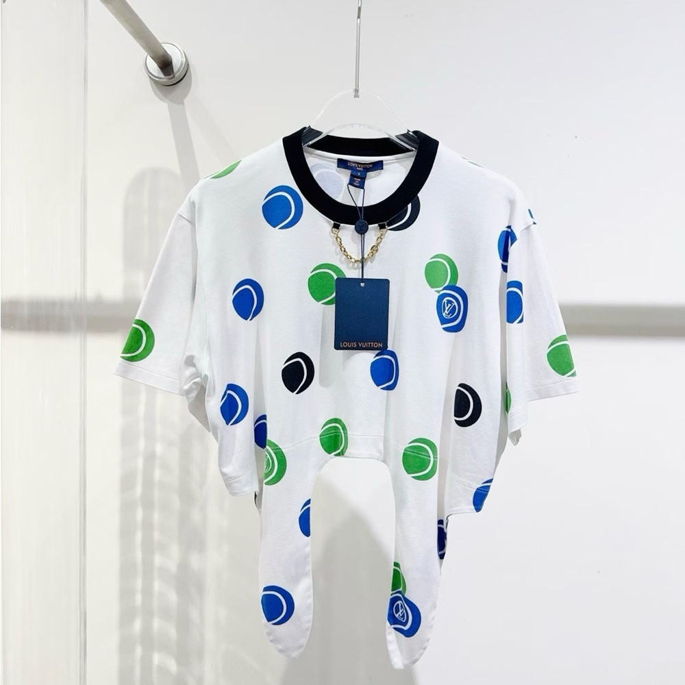 Authentic Louis Vuitton White Cropped Tee with Green & Blue Tennis Dot Print